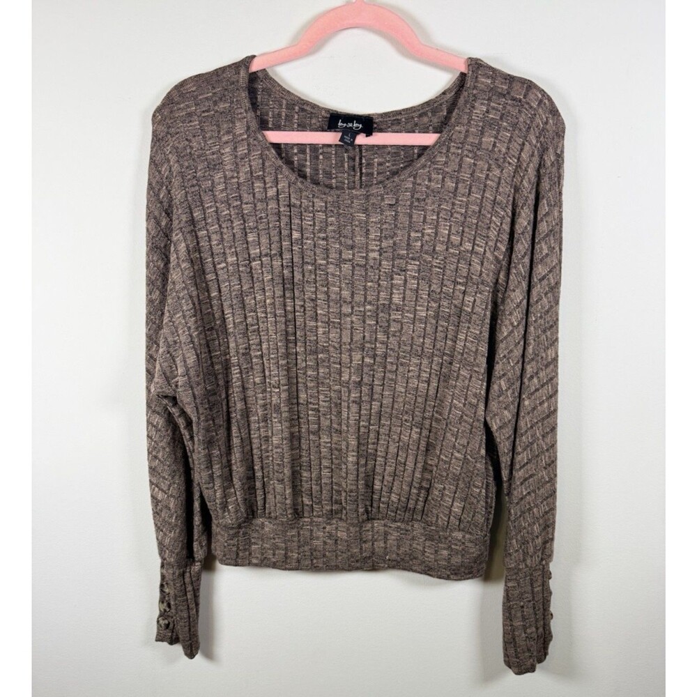 by & by Womens Brown Rib-Knit Scoop Neck Long Sleeve Pullover Sweater L